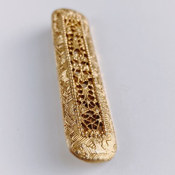 VTG 1950s Brooch Mid Century Gold Tone Filigree Bar Textured Leaf Design Pin - Picture 5 of 7